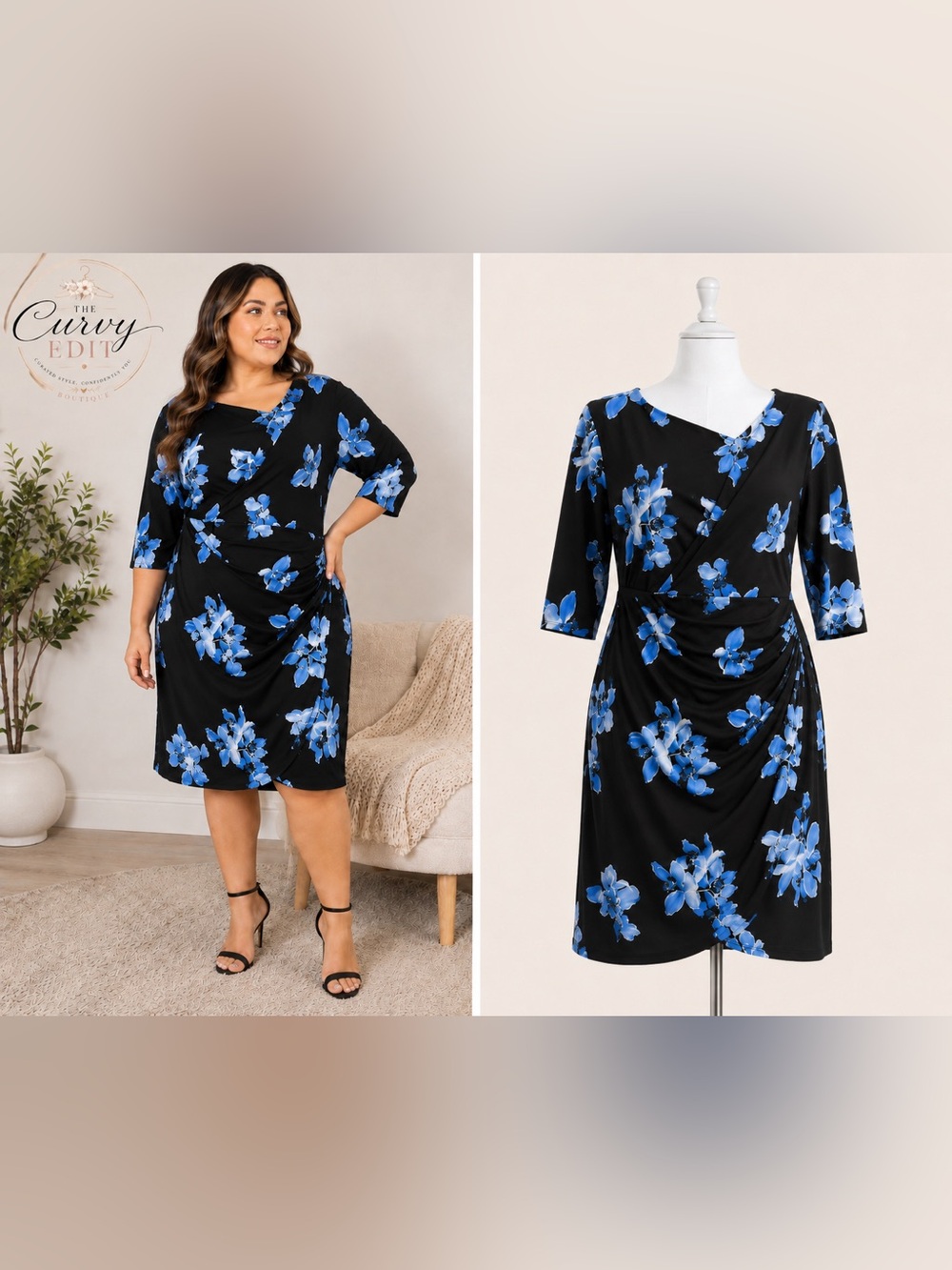 connected apparel Black Midi Dress with Blue Floral Print